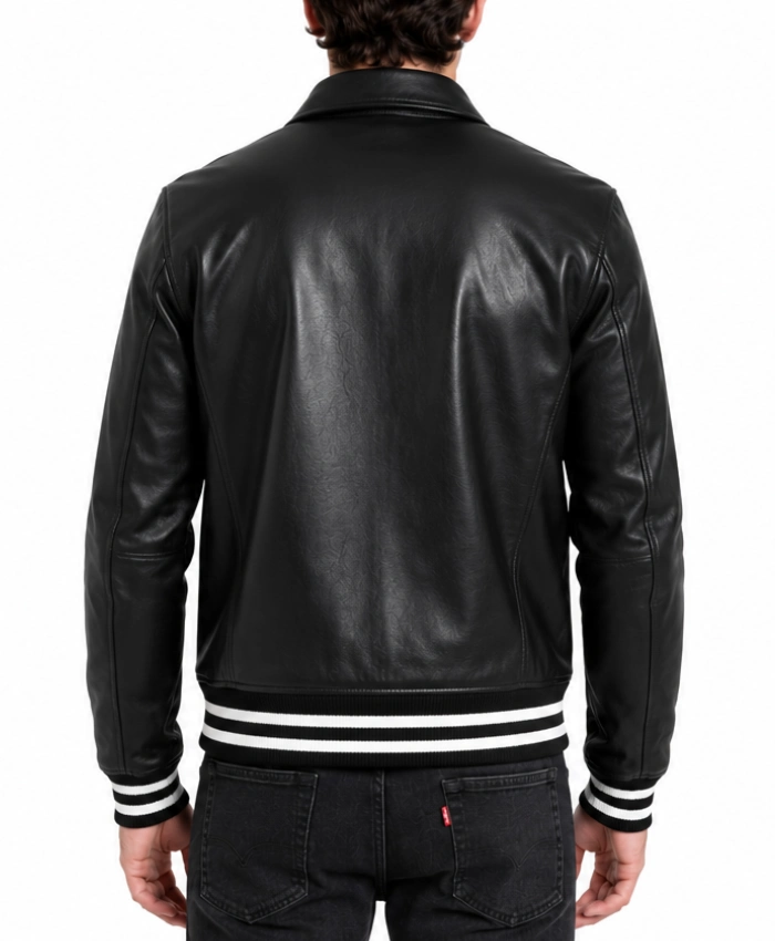 Mens Black Leather Shirt Collar Varsity Jacket