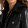 Black Leather Trucker Jacket with Attached Hoodie For Women