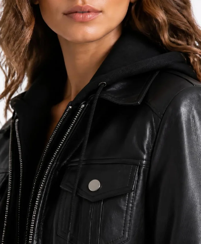 Black Leather Trucker Jacket with Attached Hoodie For Women