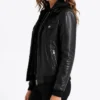 Black Leather Trucker Jacket with Attached Hoodie For Womens