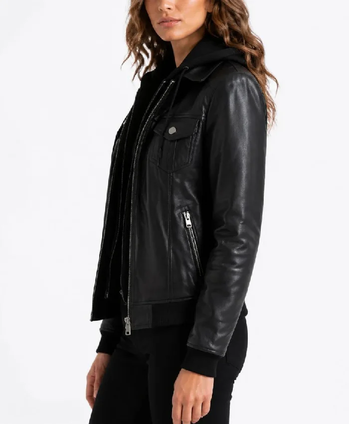 Black Leather Trucker Jacket with Attached Hoodie For Womens