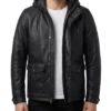 Men Onyx Black Hooded Leather Jacket