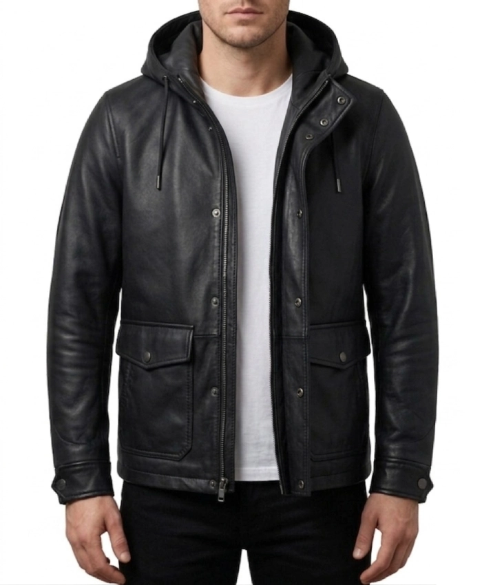 Men Onyx Black Hooded Leather Jacket