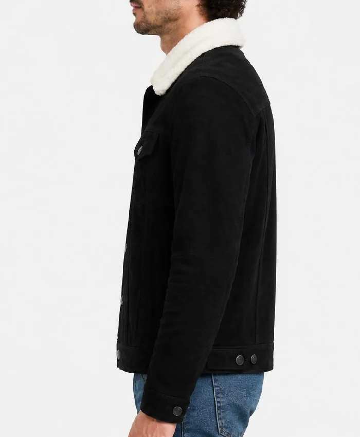 Black Suede Trucker Shearling Collar Jacket For Men