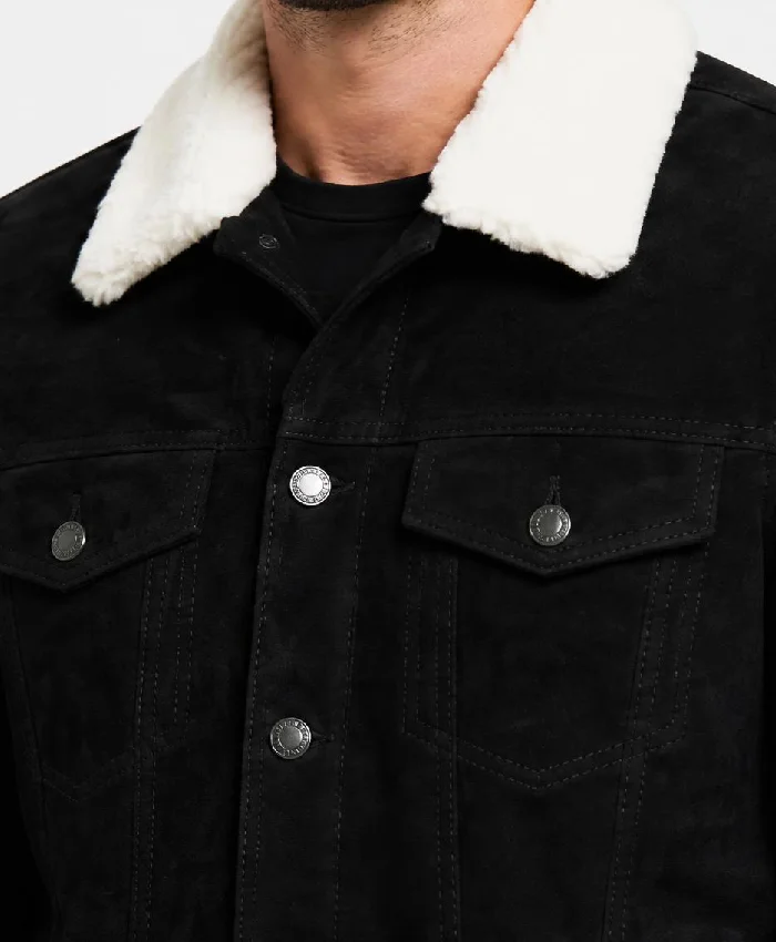 Black Suede Trucker Shearling Collar Jacket For Mens