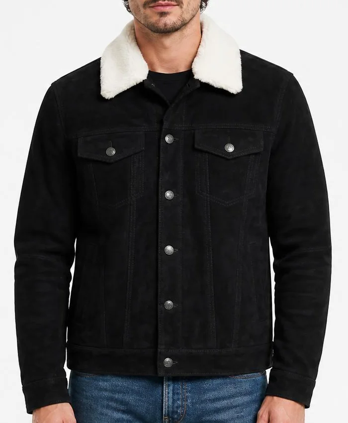 Black Suede Trucker Shearling Collar Jacket Men