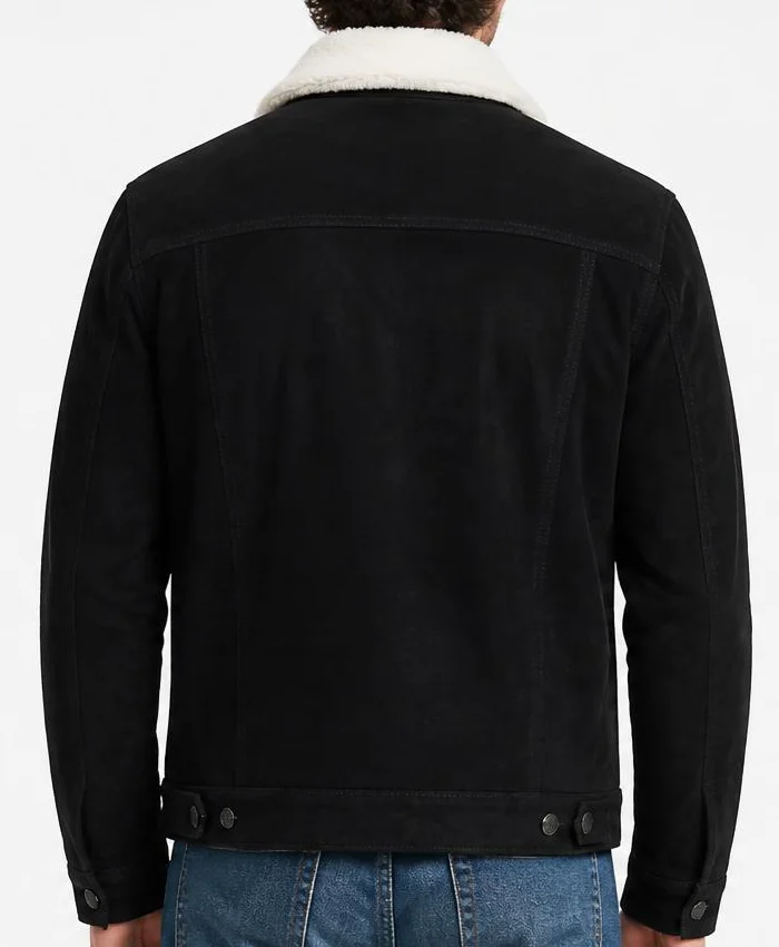 Black Suede Trucker Shearling Collar Jacket Mens
