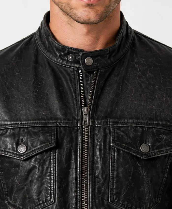 Black Washed Cafe Racer Leather Jacket For Men
