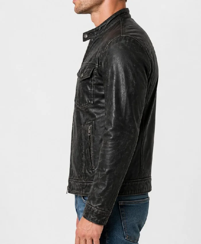 Black Washed Cafe Racer Leather Jacket For Mens