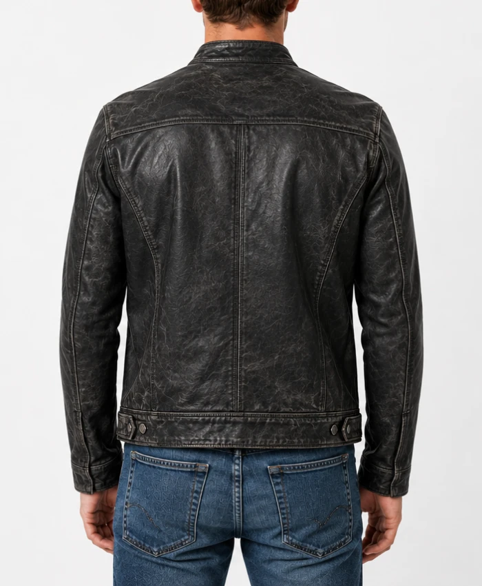 Mens Black Washed Cafe Racer Leather Jacket