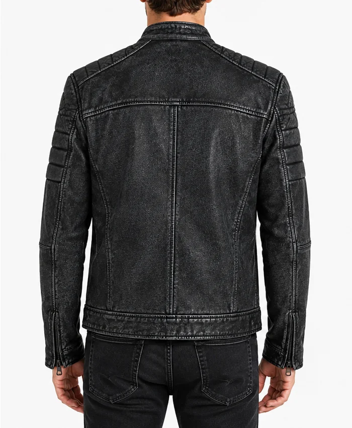 Men Washed Black Distressed Cafe Racer Leather Jacket