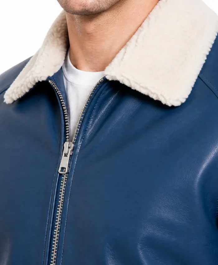 Blue Leather Shearling Collar Jacket Men