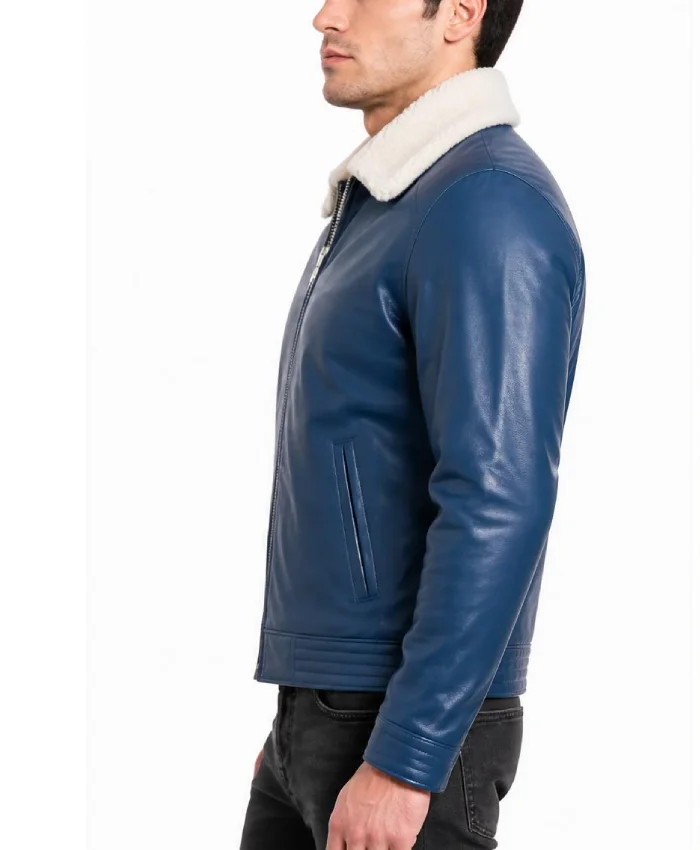 Blue Leather Shearling Collar Jacket Mens