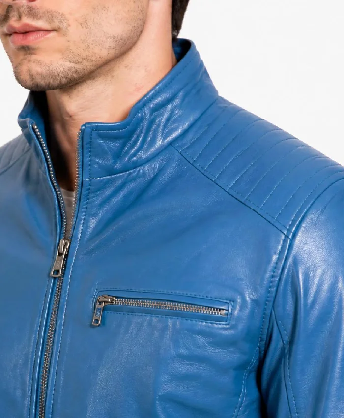 Blue Leather Stand Quilted Jacket Men