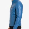 Blue Leather Stand Quilted Jacket Mens