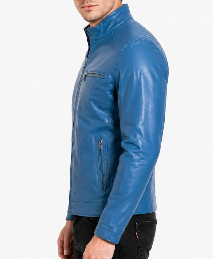 Blue Leather Stand Quilted Jacket Mens