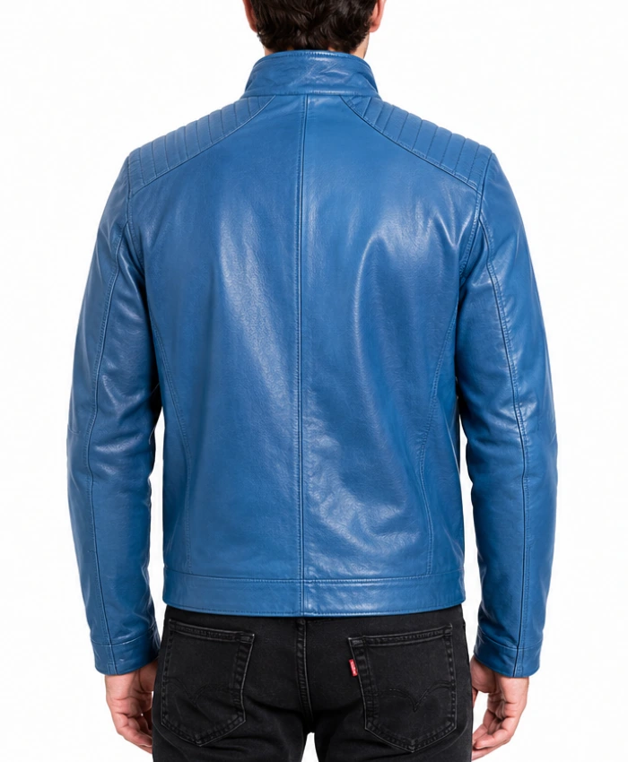 Men’s Blue Leather Stand Quilted Jacket
