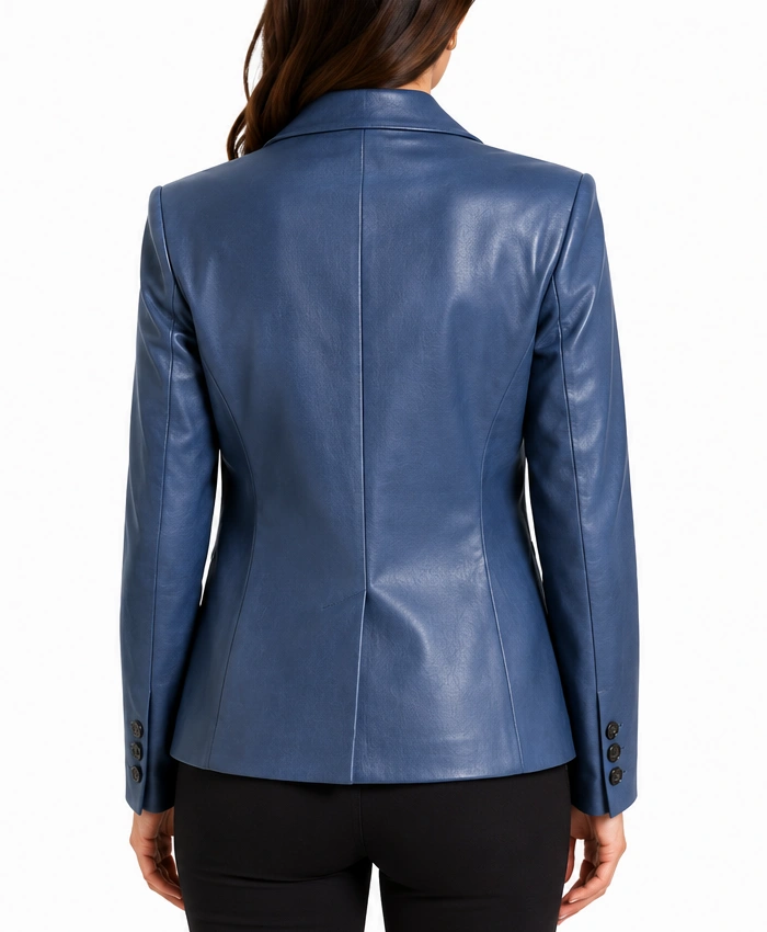 Womens Blue Single Button Leather Blazer