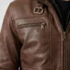 Men Brown Bomber Leather Jacket with Removable Hood