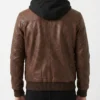 Brown Bomber Leather Jacket with Removable Hood