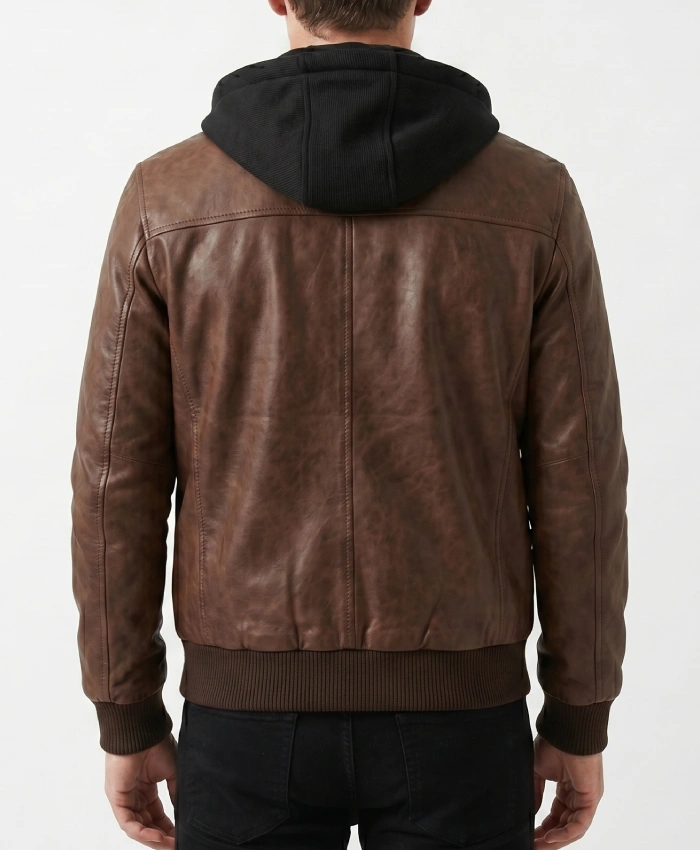 Brown Bomber Leather Jacket with Removable Hood