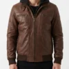 Brown Bomber Leather Jacket with Removable Hood
