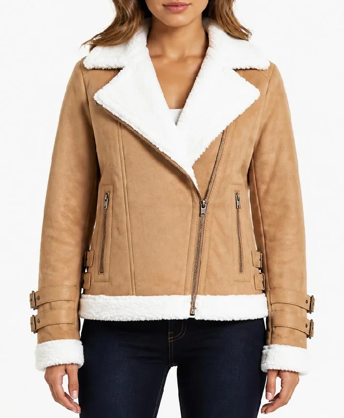 Brown Suede Biker Jacket with Fur Lining For Womens