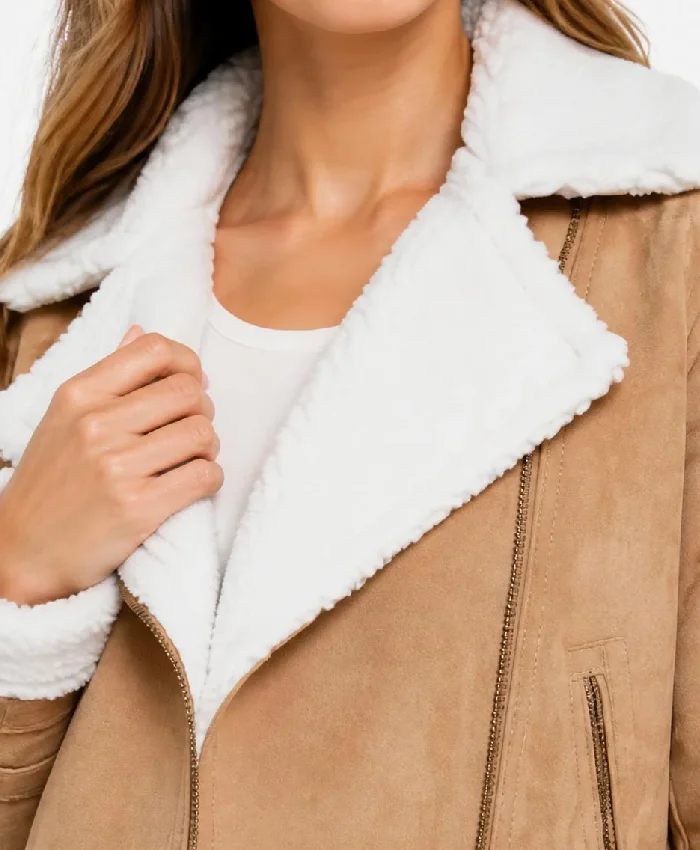 Brown Suede Biker White Fur Jacket Women