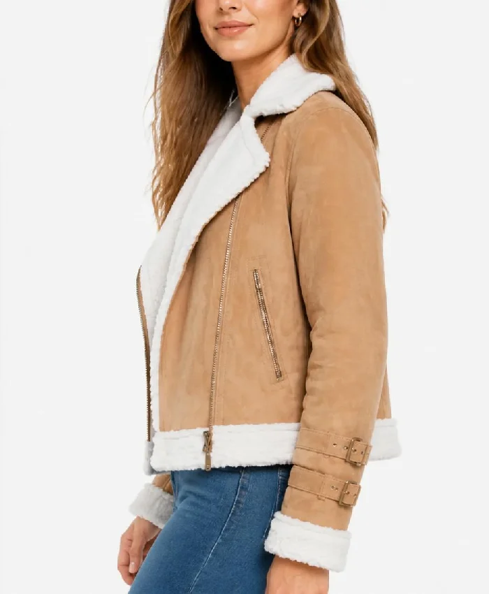 Womens Brown Suede Biker Jacket With White Fur - Image 2