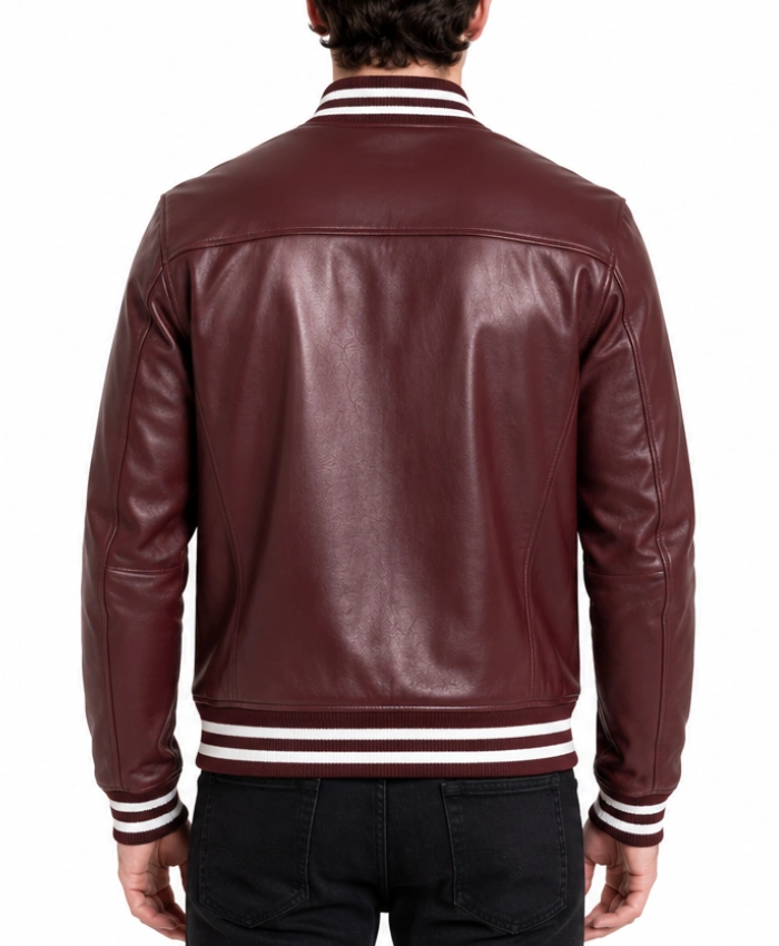 Mens Burgund Varsity Leather Jacket