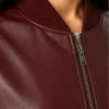 Burgundy Drop Shoulder Bomber Leather Jacket Women