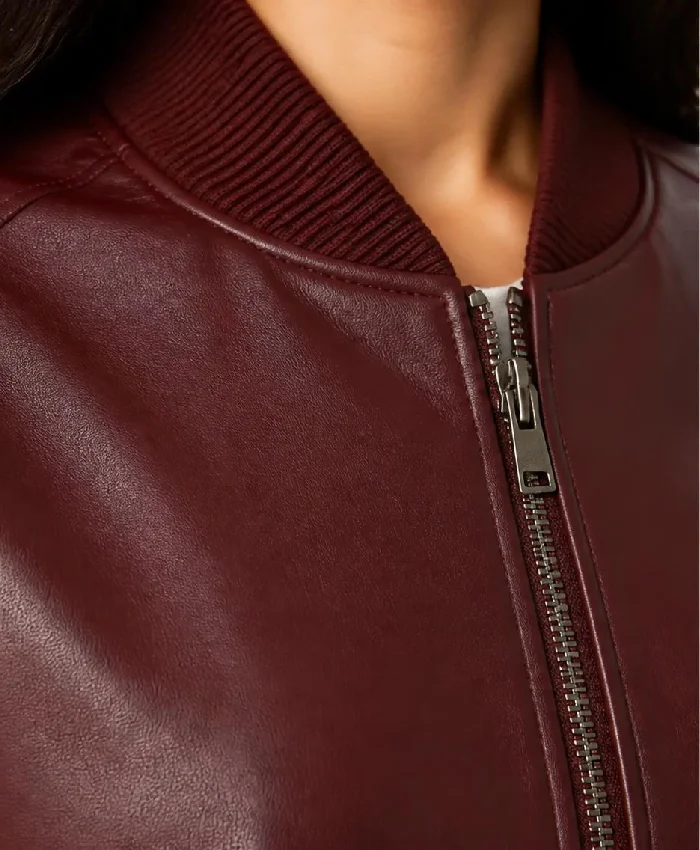 Burgundy Drop Shoulder Bomber Leather Jacket Women