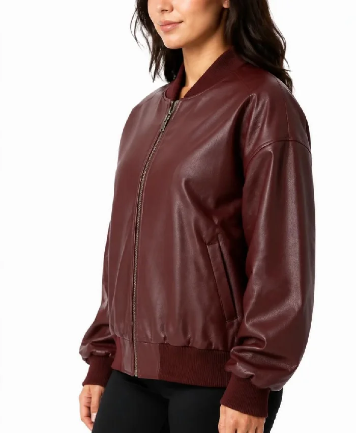 Burgundy Drop Shoulder Bomber Leather Jacket Womens