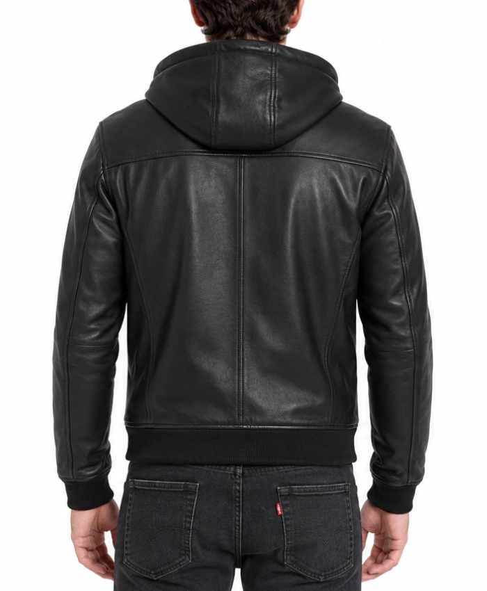 Mens Bomber Hooded Black Leather Jacket