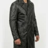 Mens Distressed Black Leather Trench Coat on sale