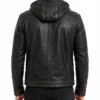 Mens Hooded Distressed Leather Jacket in Black