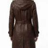 Womens Brown Leather Trench Coat with Attached Hood