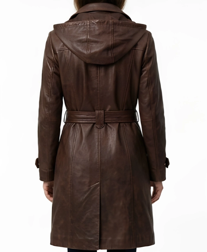 Womens Brown Leather Trench Coat with Attached Hood