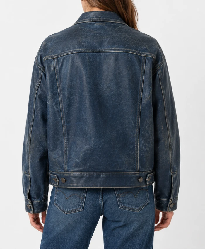 Womens Washed Oversized Leather Jacket in Denim Style