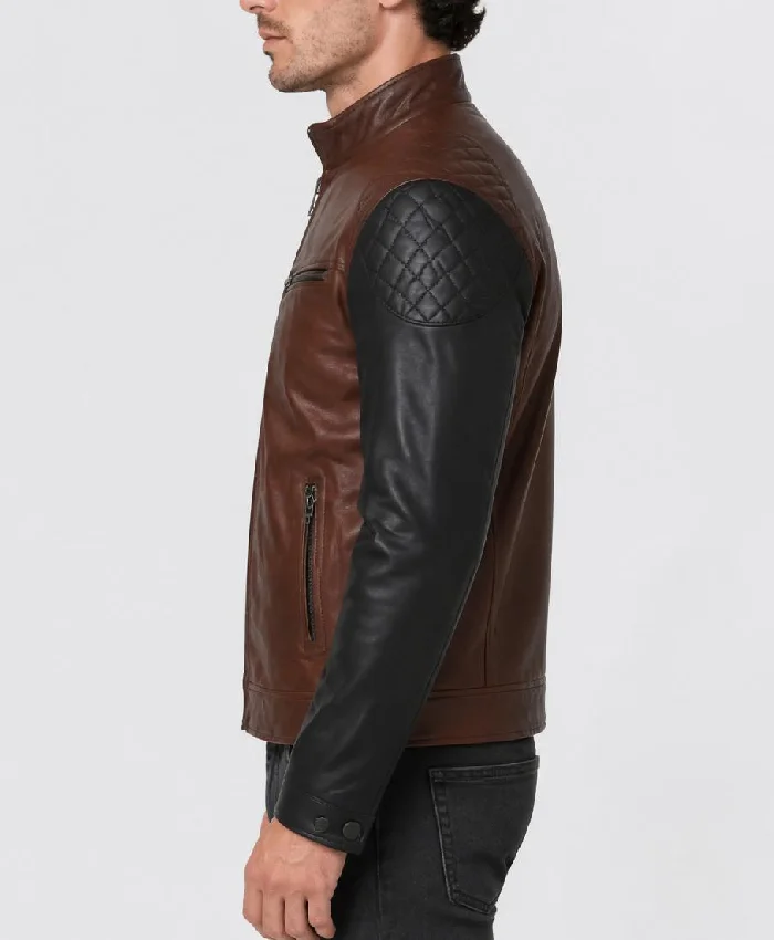 Cafe Racer Brown and Black Leather Jacket For Mens
