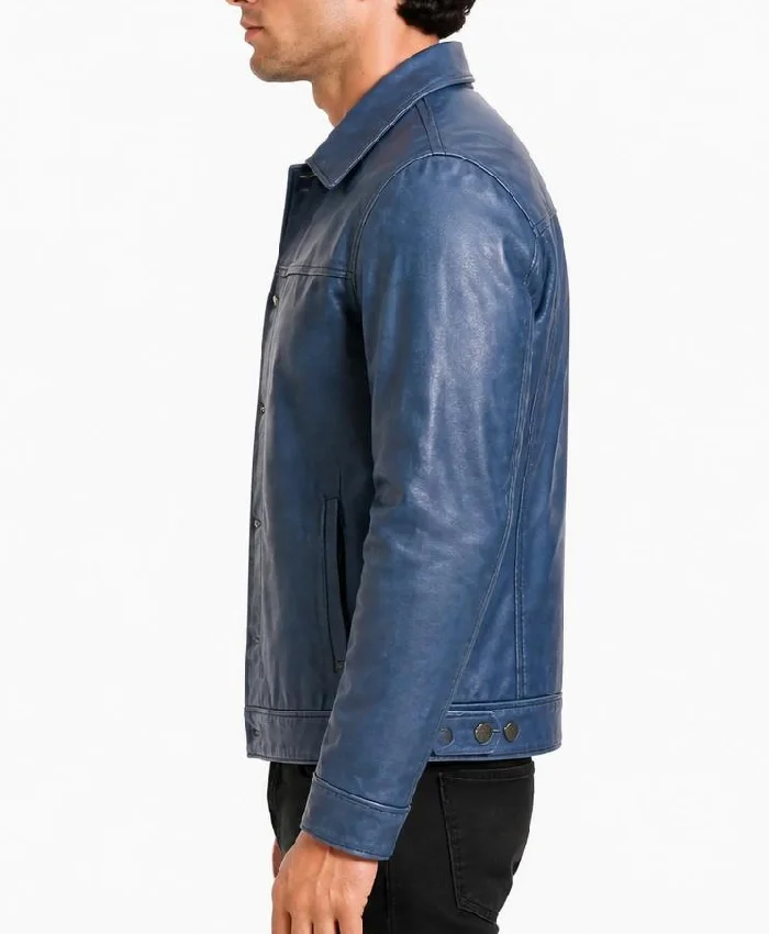 Classic Blue Washed Leather Jacket For Men