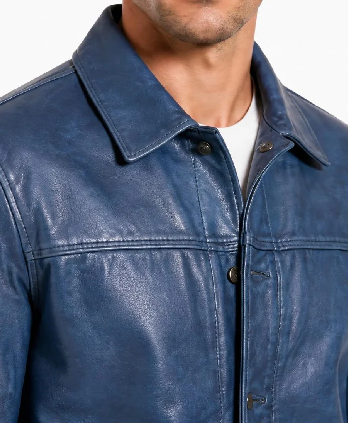 Classic Blue Washed Leather Jacket For Mens