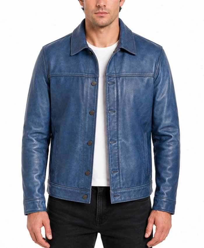 Mens Classic Blue Washed Leather Jacket