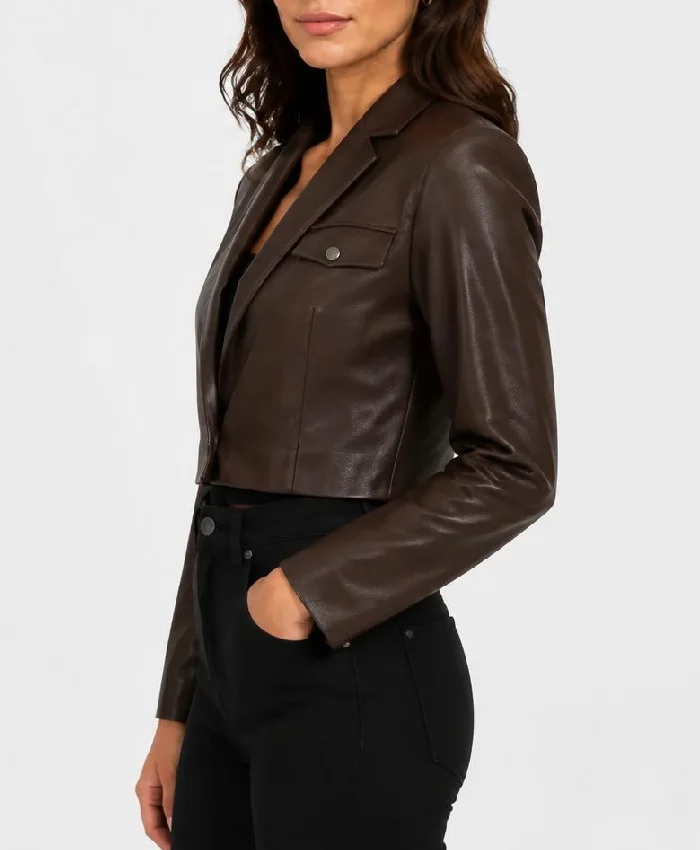Cognac Single Button Leather Cropped Blazer For Women