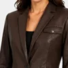 Cognac Single Button Leather Cropped Blazer For Womens