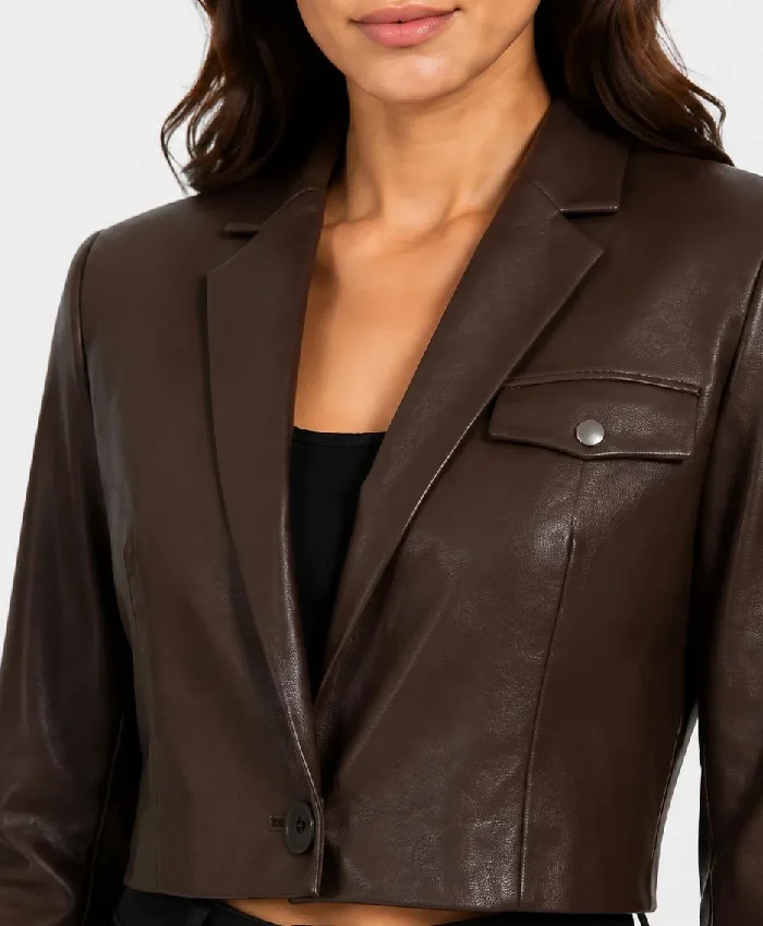 Cognac Single Button Leather Cropped Blazer For Womens