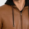 Cognac Wax Leather Jacket with Removable Hood For Men