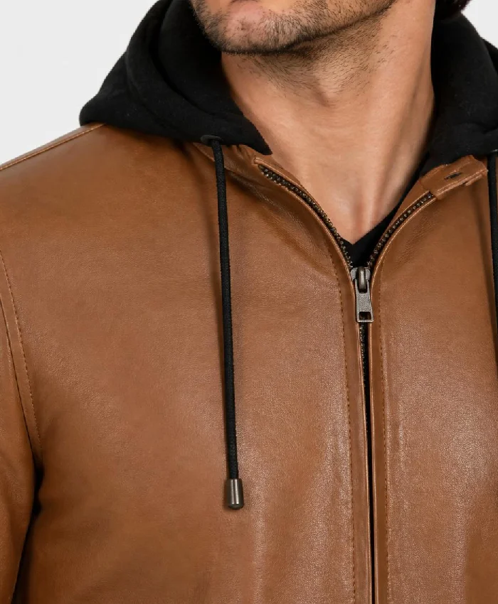 Cognac Wax Leather Jacket with Removable Hood For Men