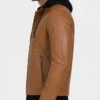 Cognac Wax Leather Jacket with Removable Hood For Mens