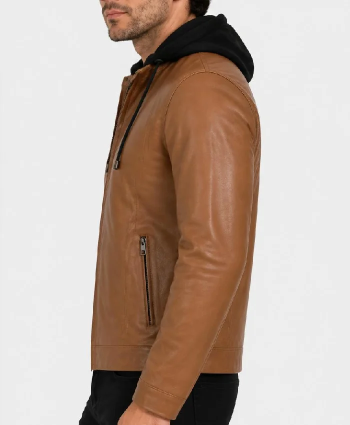 Cognac Wax Leather Jacket with Removable Hood For Mens